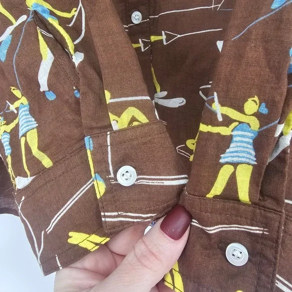 J McLaughlin Lois Button Up Shirt XL Brown AOP Retro Beach Ski Resort Vacation - Picture 2 of 10